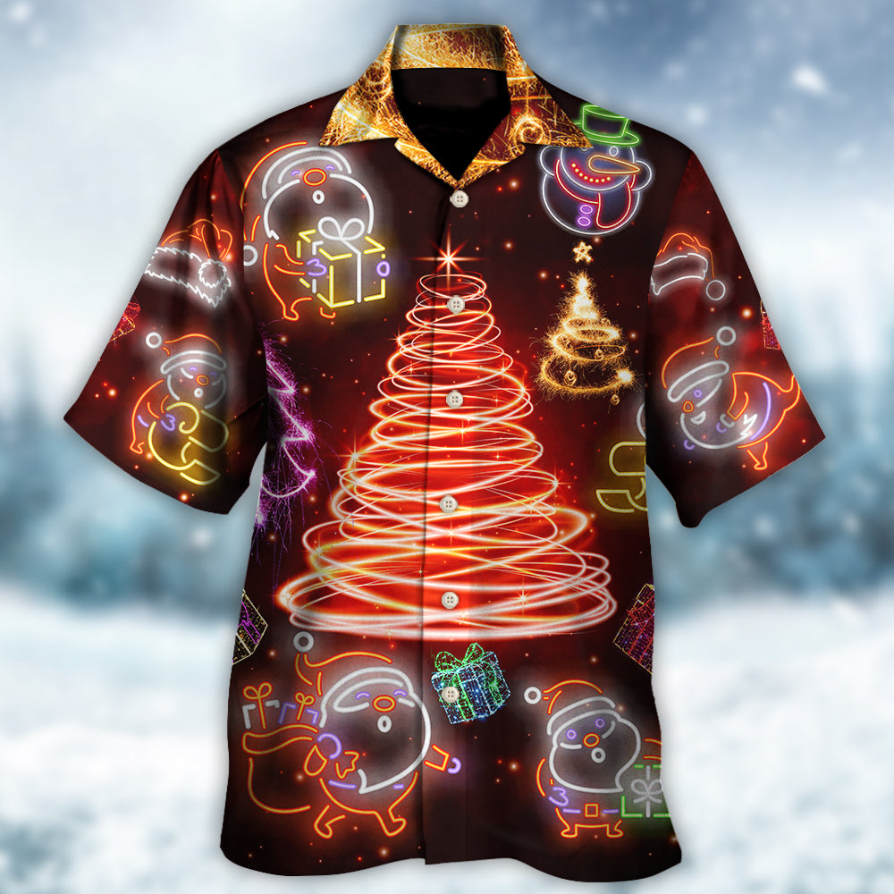 Funny Red Neon Santa Christmas Tree Hawaiian Shirt Pattern View For Relaxed Warm Weather Outfits