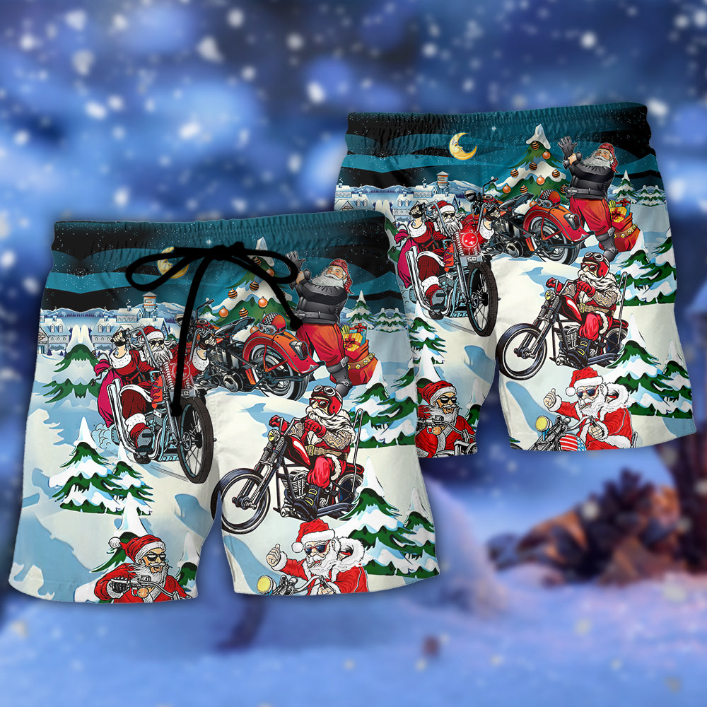 Santa Riding Motorcycle Holiday Fun Beach Shorts Pattern Detail For Sunny Outdoor Activities