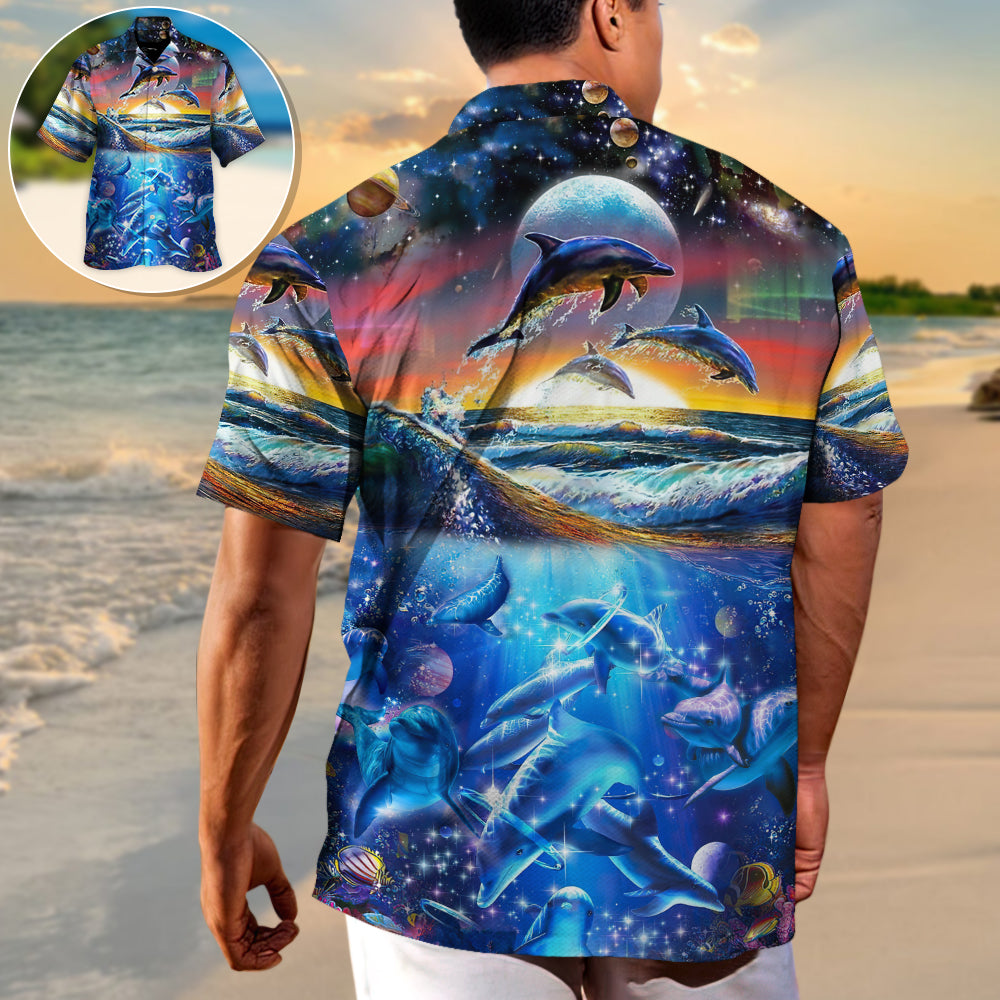 Beach Dolphin Sunshine Swim Sea Drink Wild Air Hawaiian Shirt For Summer Vacation, Beach Travel, And Casual Wear