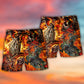 Motorcycle Skull Fire Burning Beach Shorts Pattern View For Resort Days And Outdoor Activities