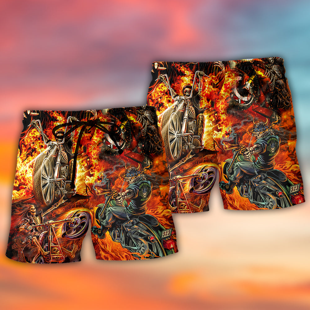 Motorcycle Skull Fire Burning Beach Shorts Pattern View For Resort Days And Outdoor Activities