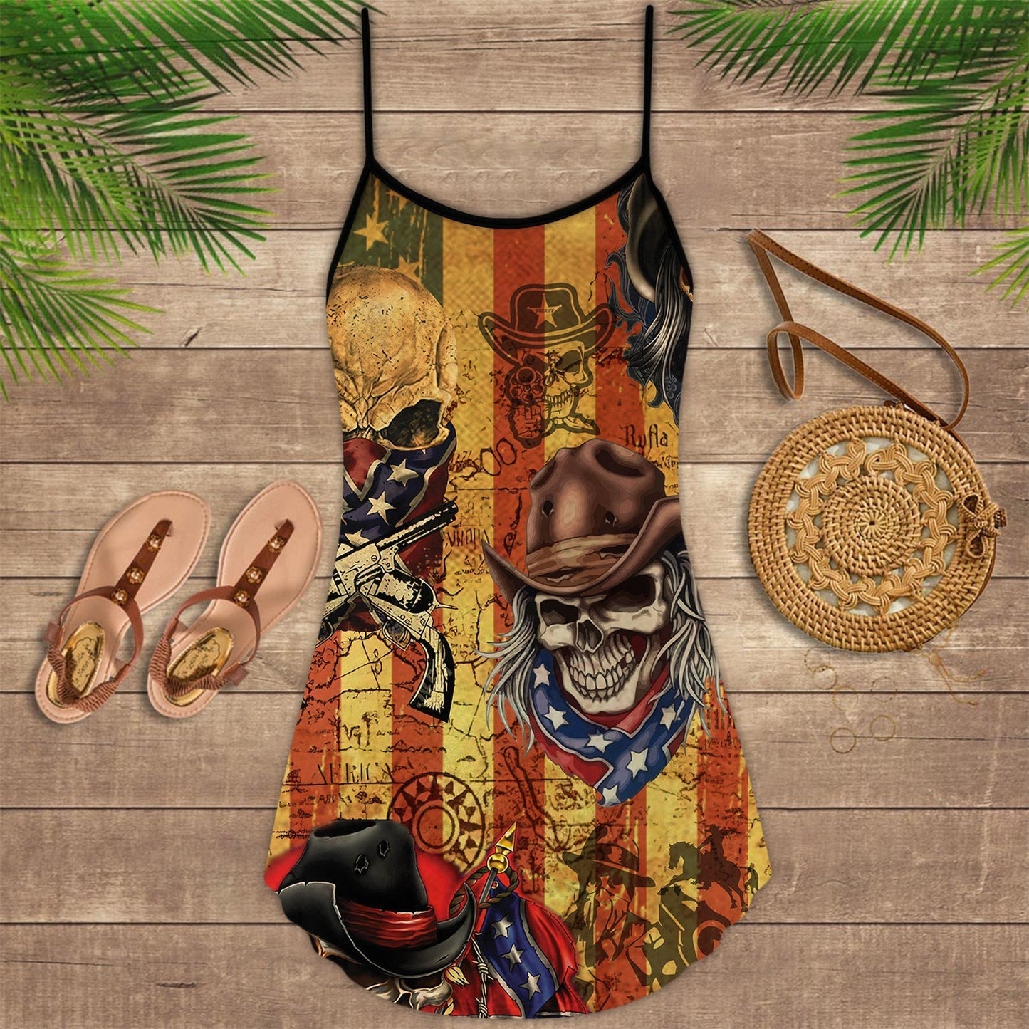 Cowboy Skull Cowboy America V-Neck Sleeveless Cami Dress For Gothic Events And Relaxed Casual Wear