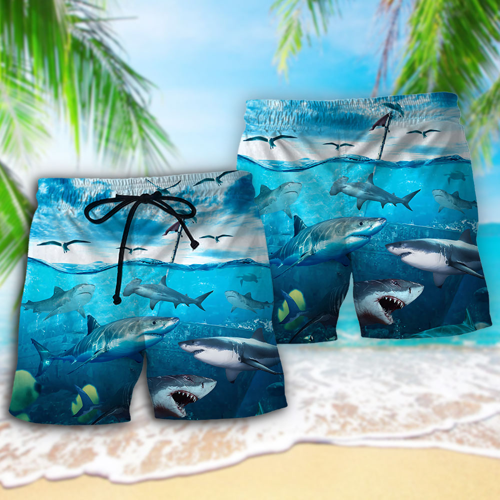 Dark Ocean Shark Beach Shorts Pattern Detail For Seaside Leisure And Relaxed Casual Style