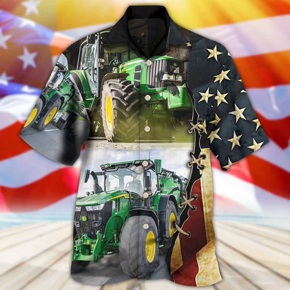 Green Tractor Independence Day US Flag Hawaiian Shirt For Summer Events And Casual Outdoor Wear