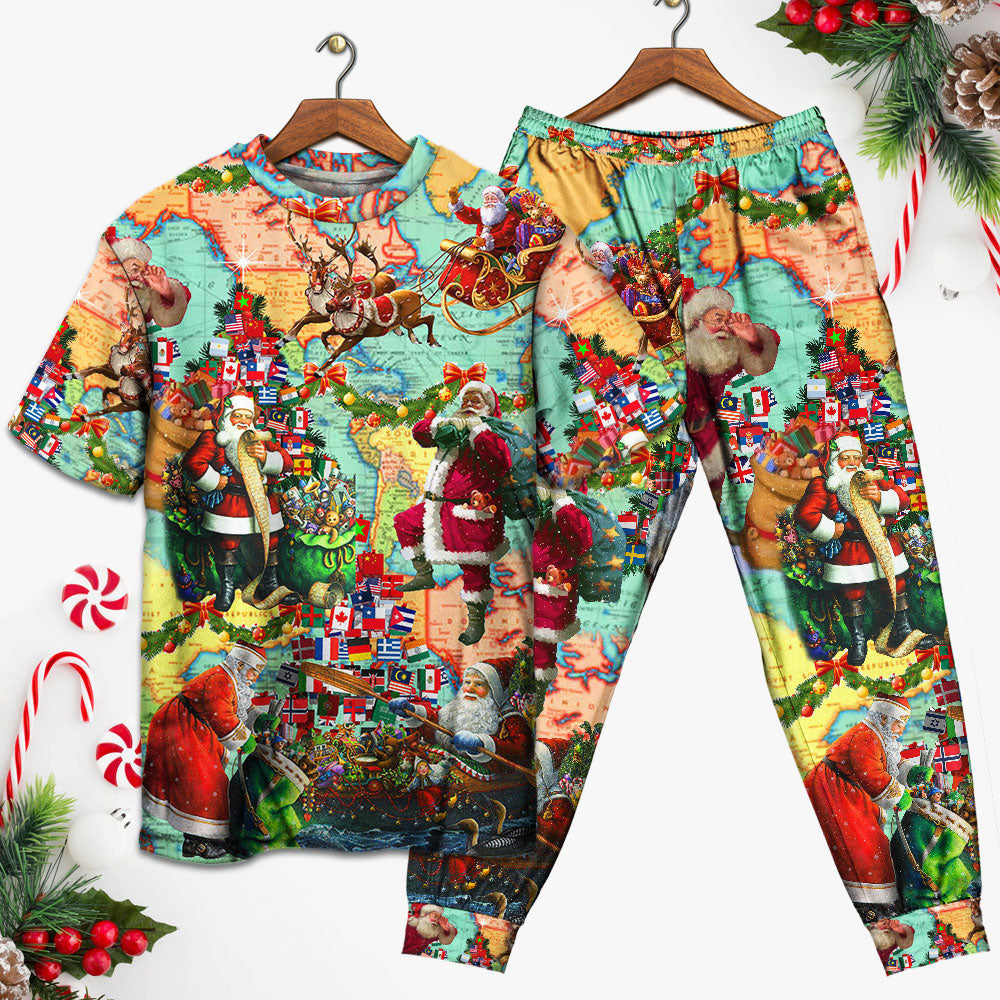 Santa Christmas Love Short Sleeve Pajamas Set For Christmas Sleepwear And Family Lounging