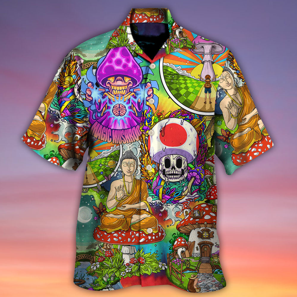 Bohemian Colorful Mushroom Peace Hawaiian Shirt Design Detail For Beach Days And Holiday Travel