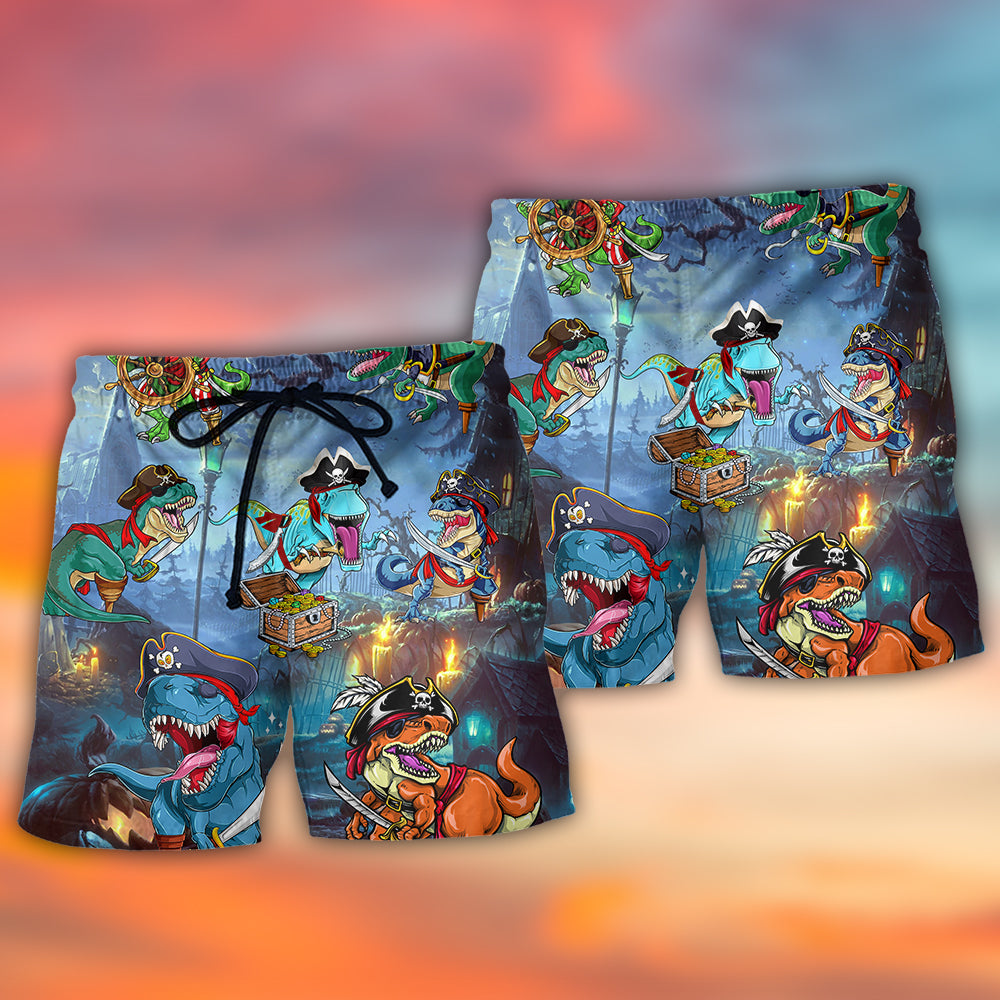 Halloween Pirate Dinosaur Beach Shorts Pattern Detail For Weekend Travel And Leisure And Relaxation