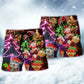 Funny Santa Elf Gingerbread Neon Beach Shorts Pattern View For Vacation Travel And Outdoor Fun