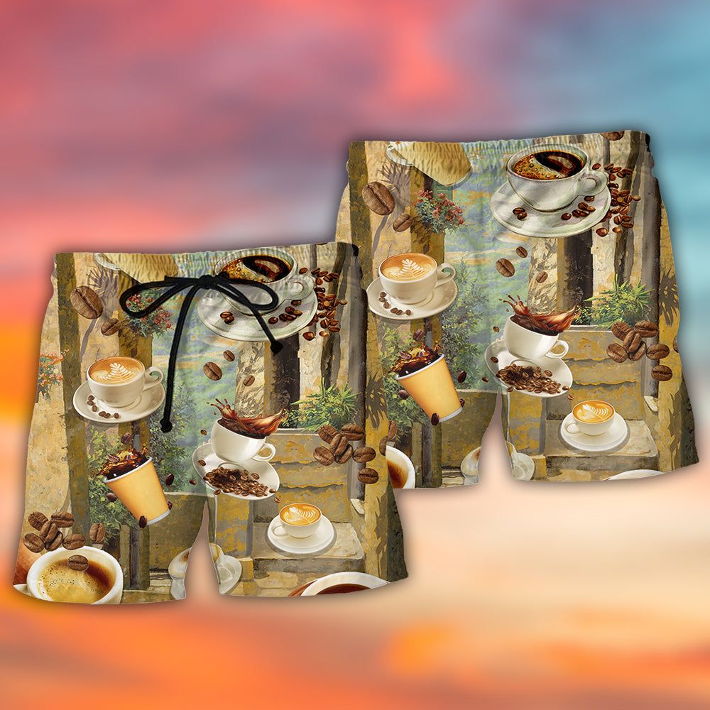 Coffee Morning Vintage Aesthetic Beach Shorts Design Detail For Resort And Beach Day Style