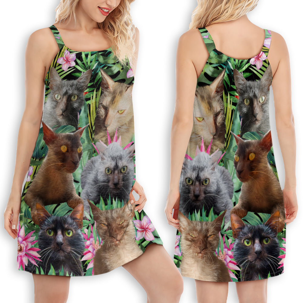 Lykoi Cat Love Beautiful Flower V-Neck Sleeveless Cami Dress For Travel And Comfortable Botanical Styling