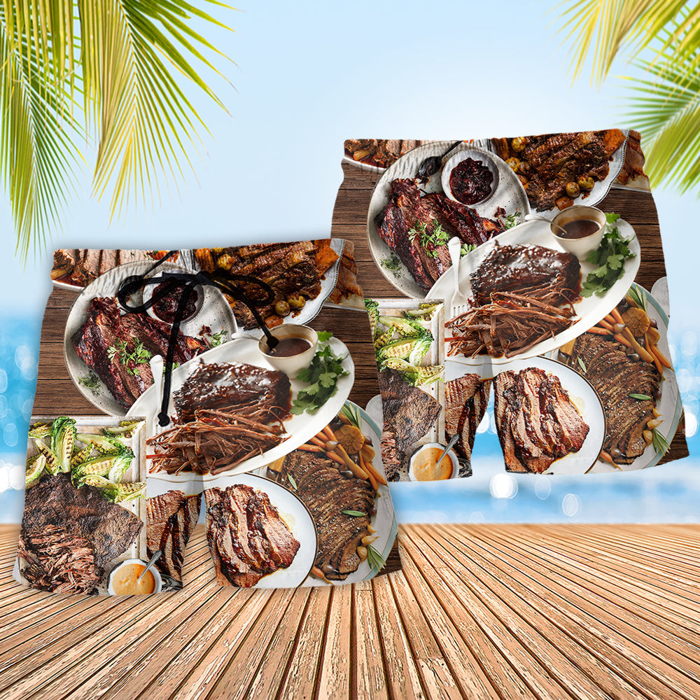 BBQ Brisket Food Beach Shorts Pattern Detail For Vacation Style And Comfortable Daily Wear