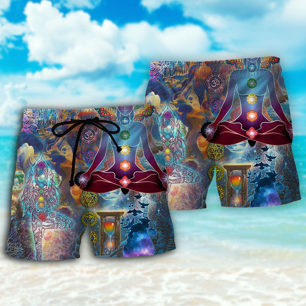 Yoga Galaxy Peaceful Soul Beach Shorts Artwork Detail For Tropical Travel And Everyday Wear