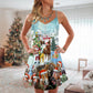 Happy Christmas Horse Theme V-Neck Sleeveless Cami Dress For Beach Trips Parties And Relaxed Warm Weather Style