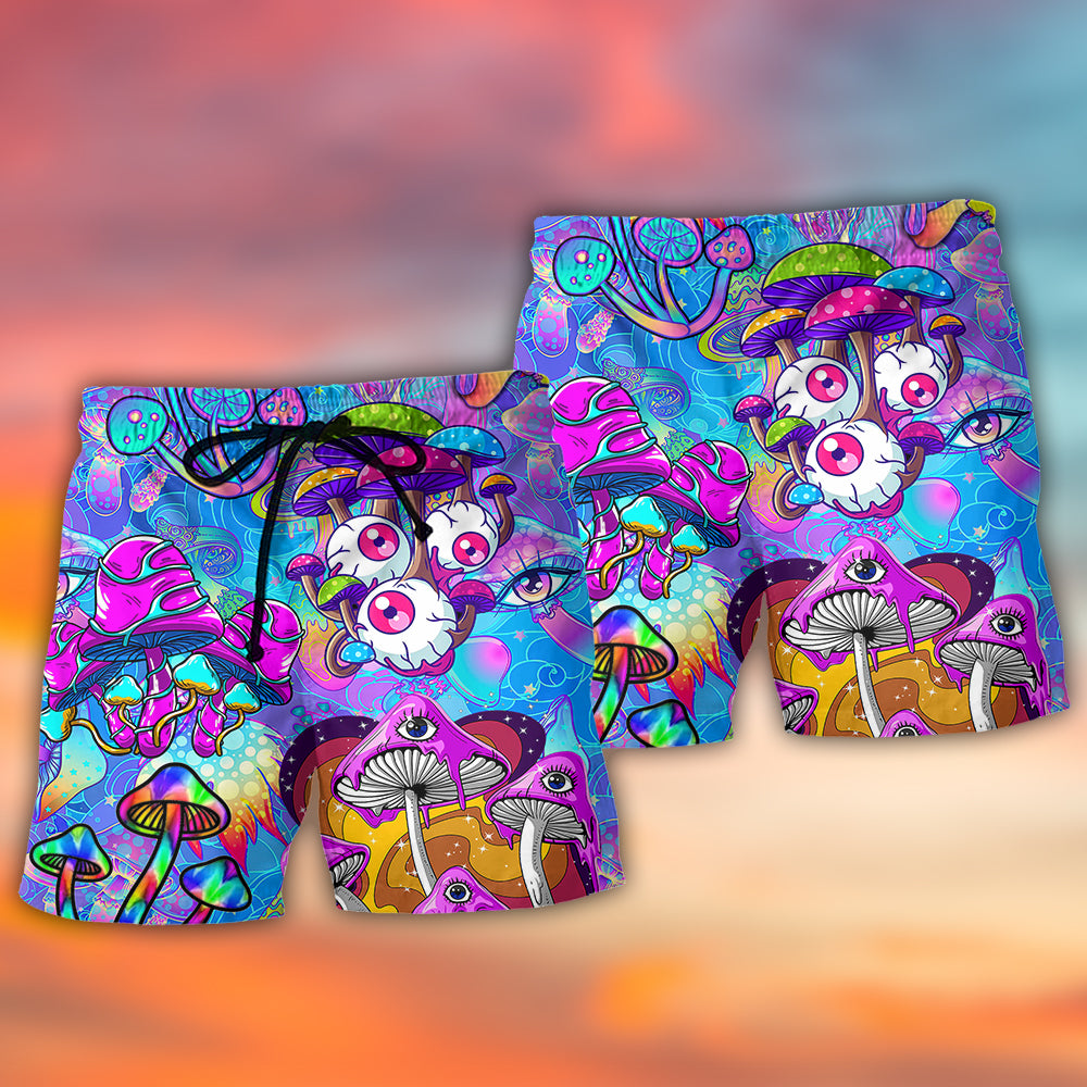 Colorful Hippie Mushroom Fantasy Beach Shorts Pattern Detail For Sunny Outdoor Activities