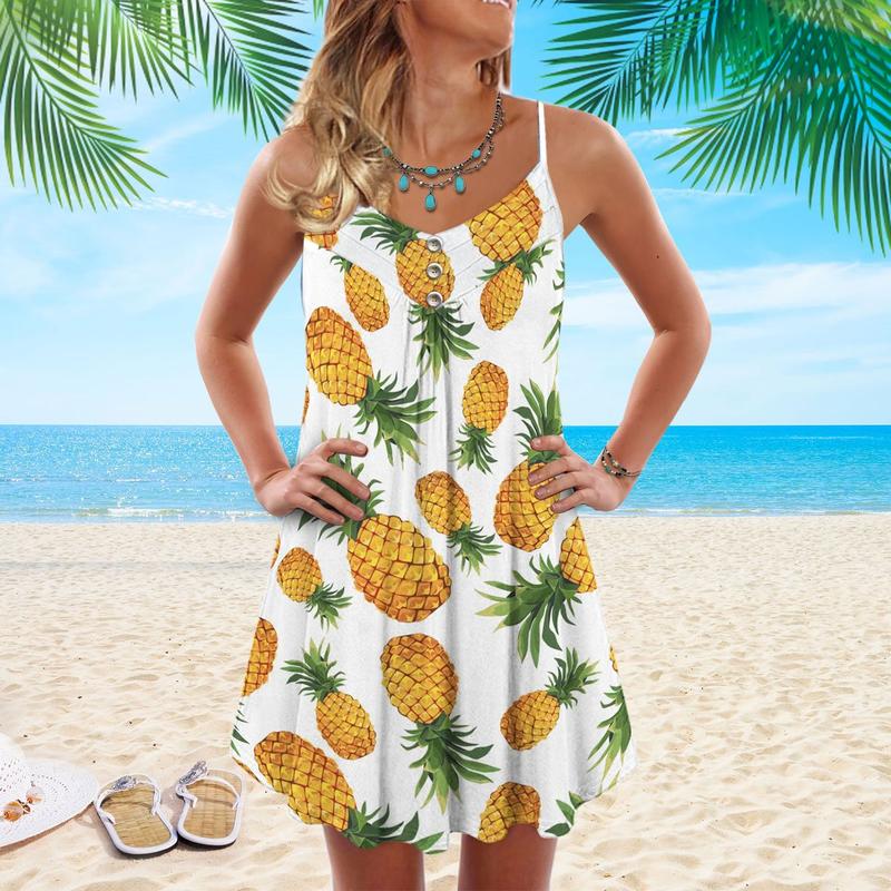Fruit Pineapple Tropical Lover V-Neck Sleeveless Cami Dress For Beach Festivals And Comfortable Summer Outfits