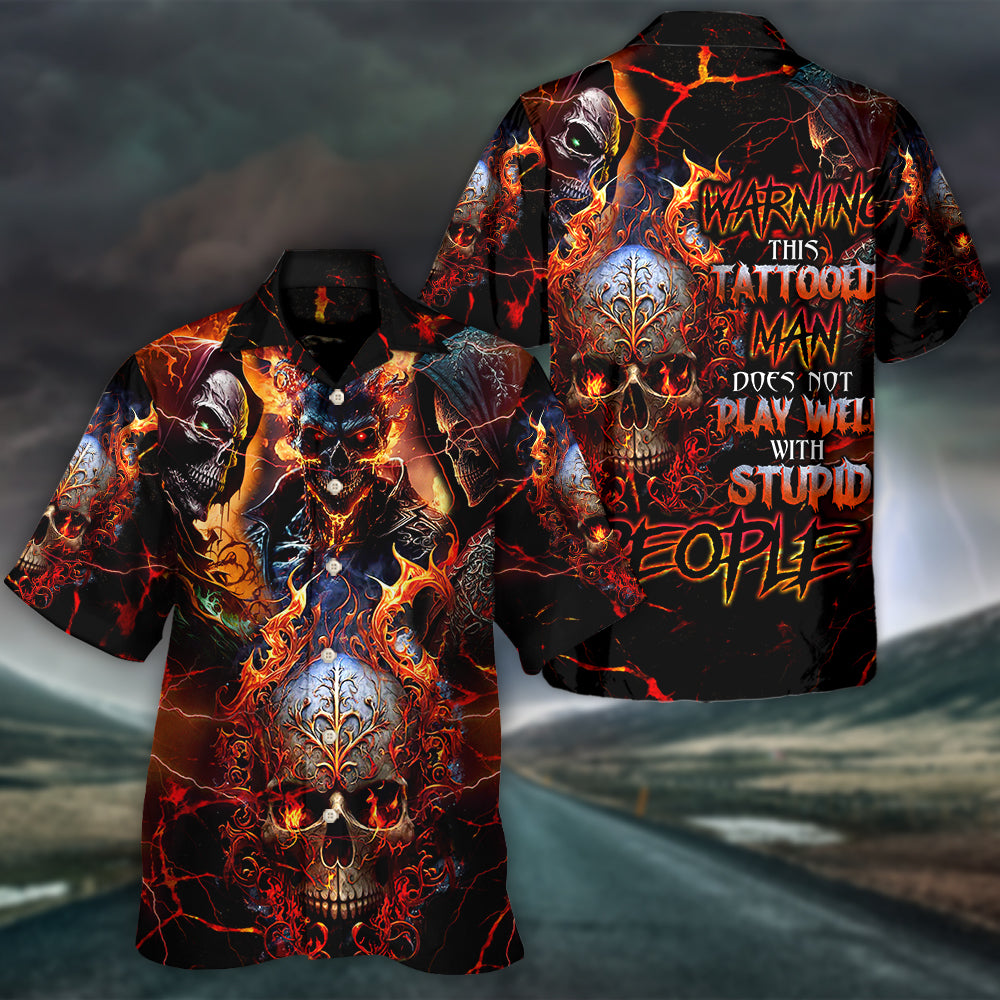 Skull Tattooed Hawaiian Shirt Fabric Pattern Detail For Summer Travel