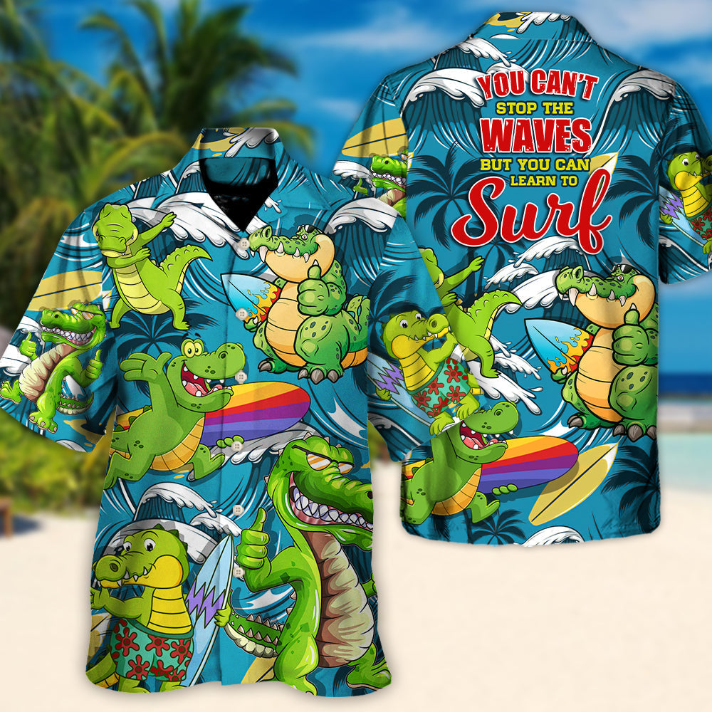 Funny Surfing Crocodile Surf Hawaiian Shirt Resort Outfit View For Warm Weather Events