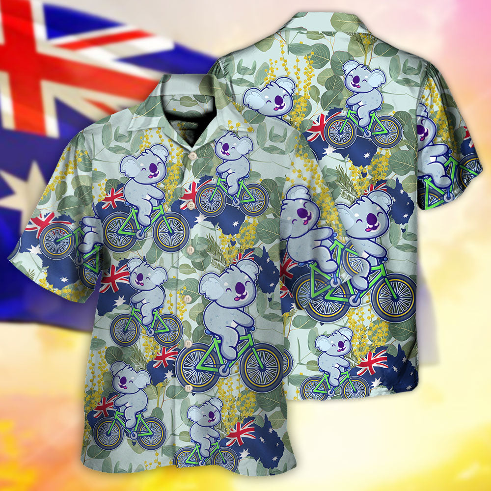 Australian Koala Cycling Hawaiian Shirt Collar And Front View For Outdoor Gatherings