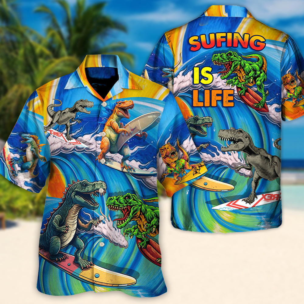 Funny Surfing Dinosaur Hawaiian Shirt Fabric Pattern Detail For Beach Days