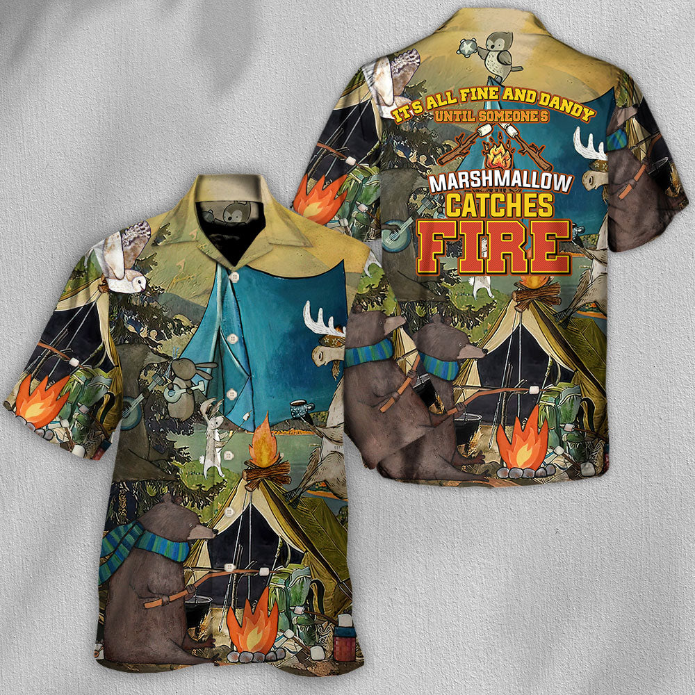 Camping It'S Fine Dandy Someone'S Marshmallow Hawaiian Shirt Collar And Front View For Tropical Vacations
