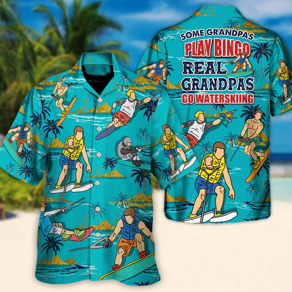 Waterskiing Grandpa Hawaiian Shirt Fabric Pattern Detail For Tropical Vacations