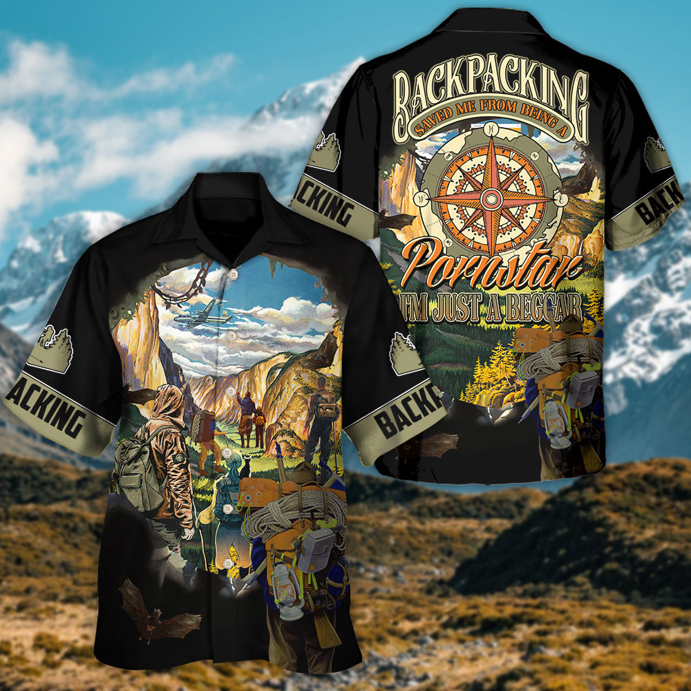 Backpacking Novelty Hawaiian Shirt Artwork Detail For Resort Trips And Outdoor Activities