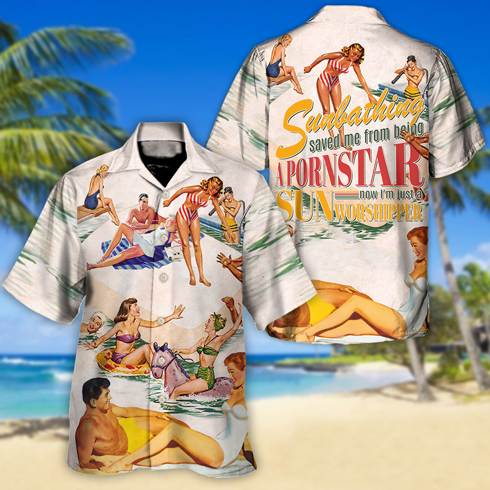 Sunbathing Sun Worshipper Hawaiian Shirt Artwork Detail For Resort Trips And Outdoor Activities