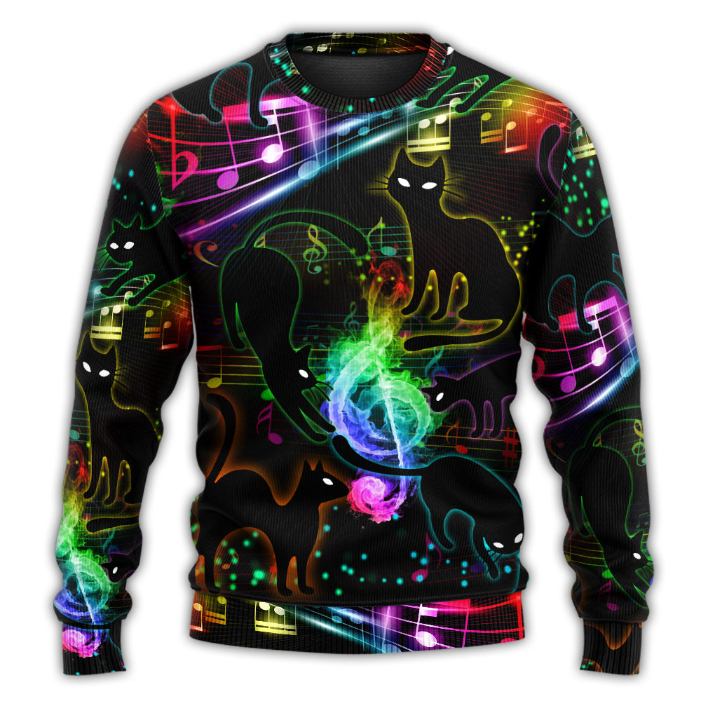 Black Cat Magical Light Music Notes Sweater For Holidays Parties And Comfortable Everyday Wear
