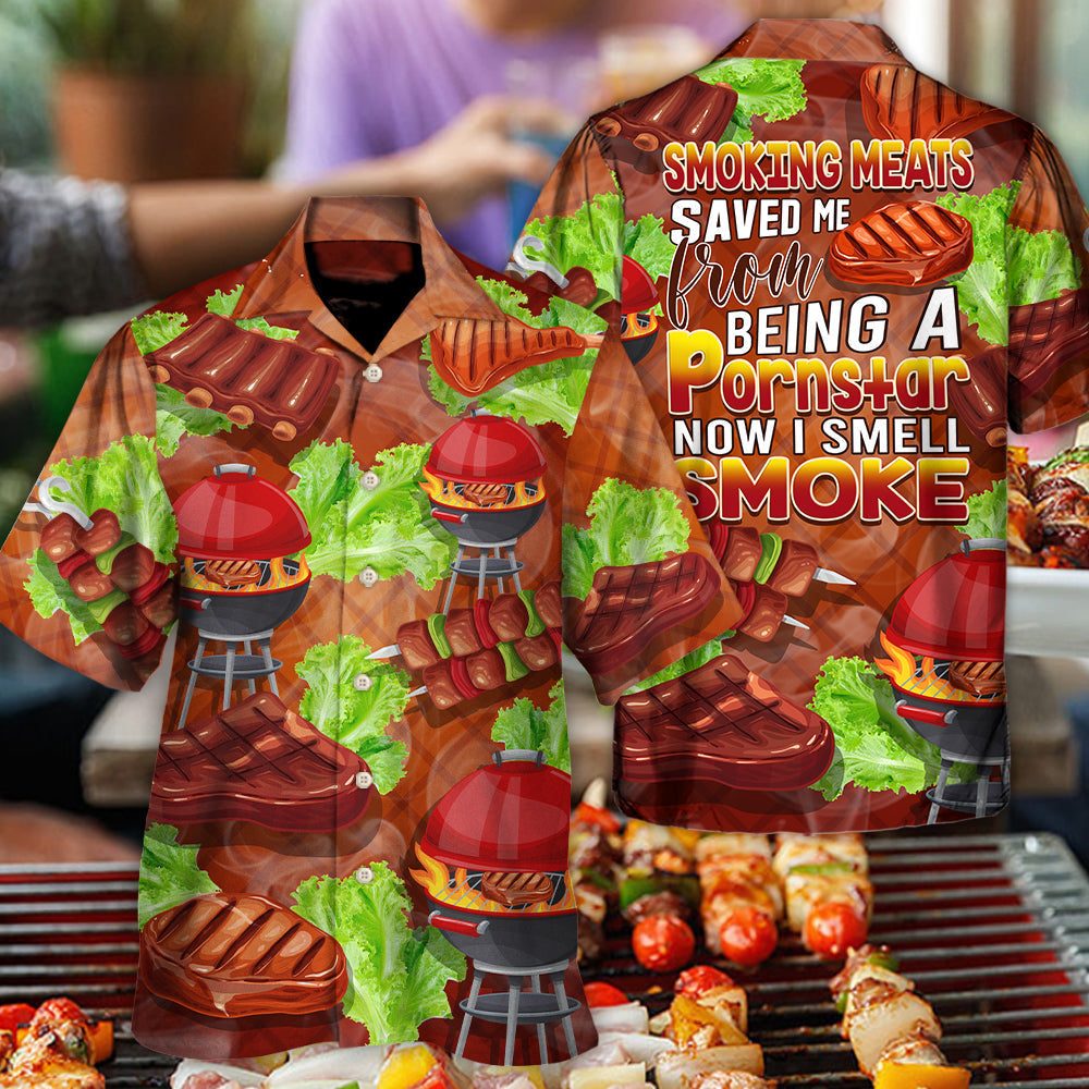 Funny Smoking Meats BBQ Smoke Gift Hawaiian Shirt Pattern View For Relaxed Warm Weather Outfits