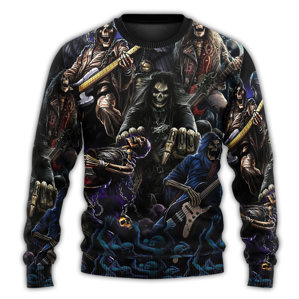 Dark Skull Guitar Sweater For Fantasy Fans Casual Outings And Weekend Adventures