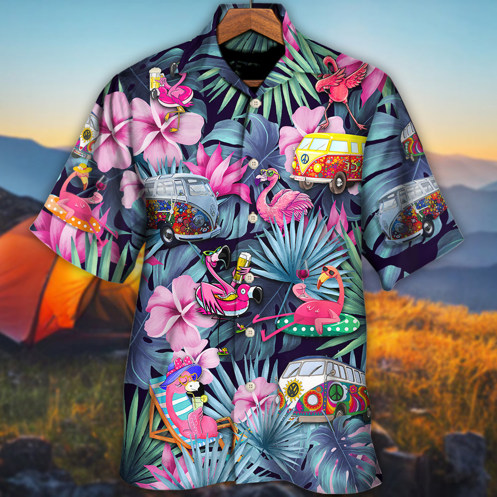Funny Camping Flamingo Weekend Forecast Chance Hawaiian Shirt Pattern Detail For Tropical Vacations