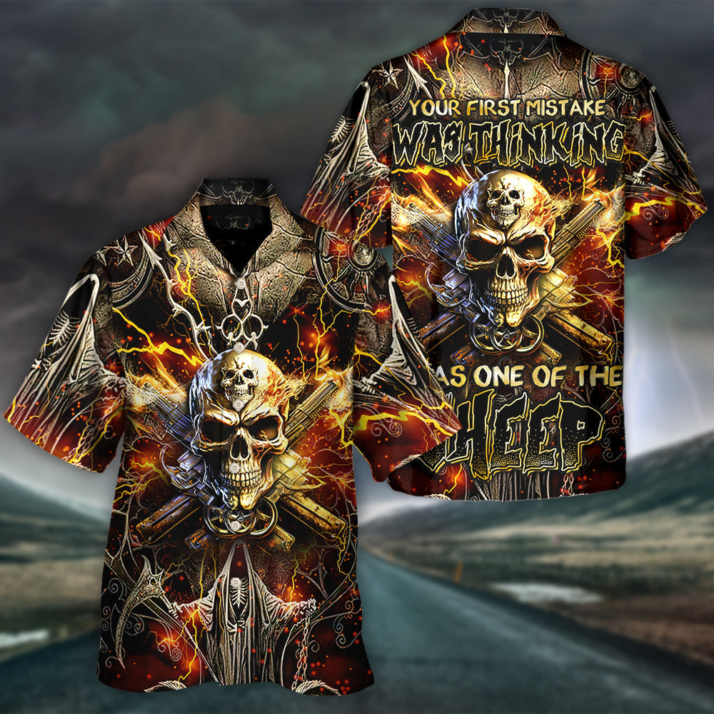 Skull Sheep Bullet Fire Hawaiian Shirt Fabric Pattern Detail For Vacation Style