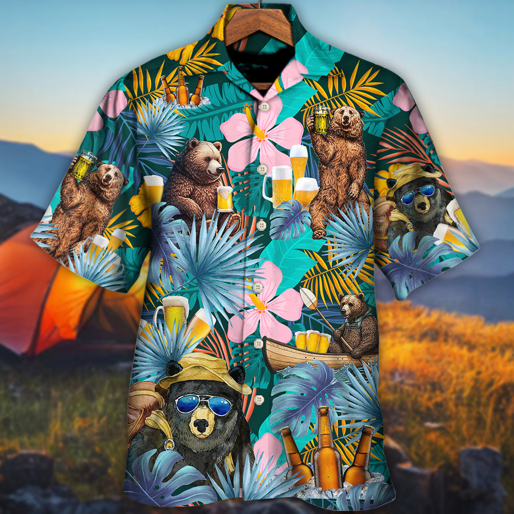 Funny Camping Bear Beer Sitting Woods Hawaiian Shirt Design View For Vacation Style