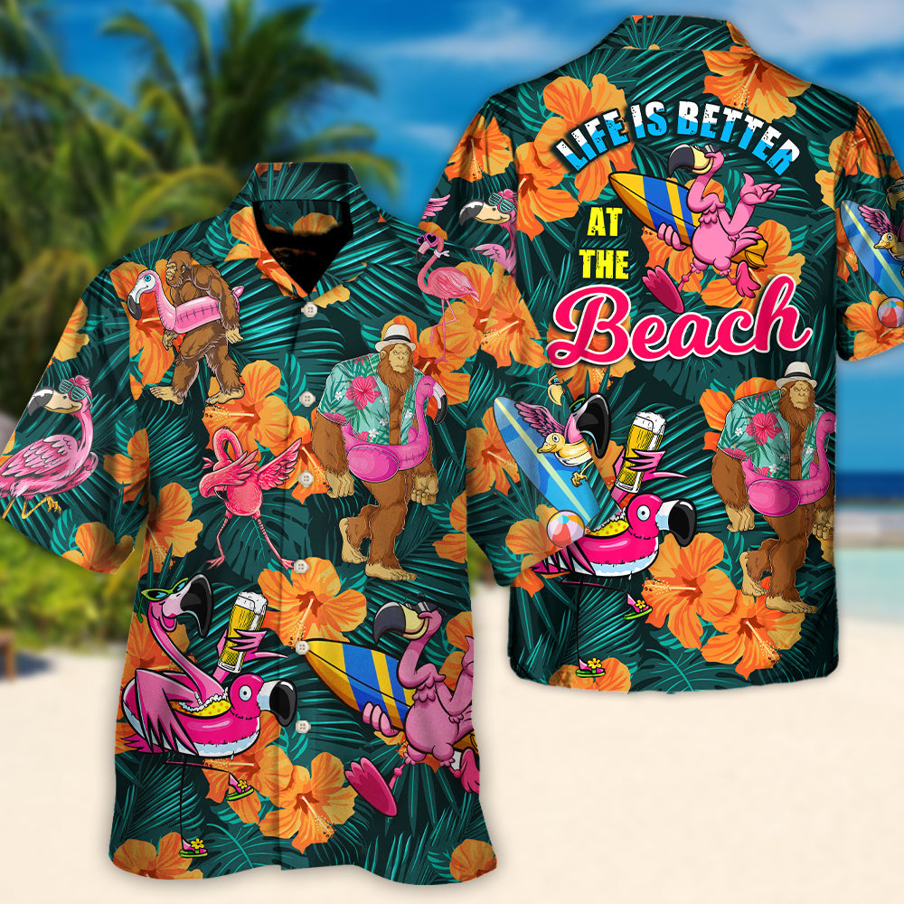 Tropical Flamingo Bigfoot Beach Hawaiian Shirt Collar And Front View For Tropical Vacations