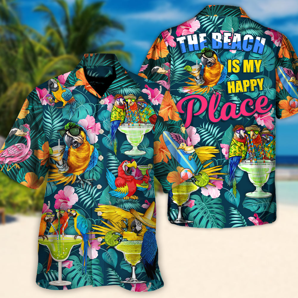 Tropical Funny Parrot Drinking Cocktails Beach Hawaiian Shirt Fabric Pattern Detail For Beach Days