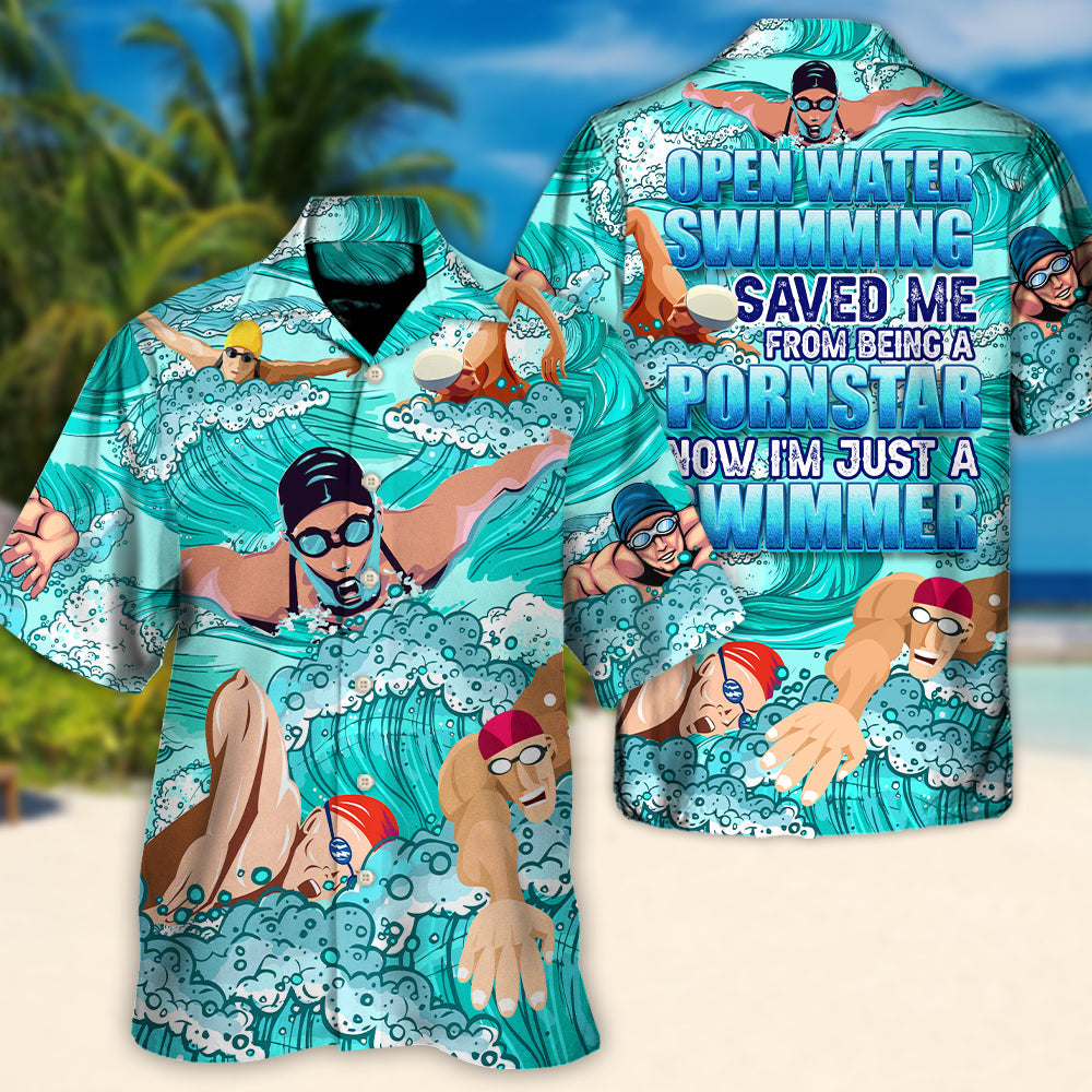Open Water Swimming Swimmer Hawaiian Shirt Pattern Detail For Vacation Travel And Daily Wear