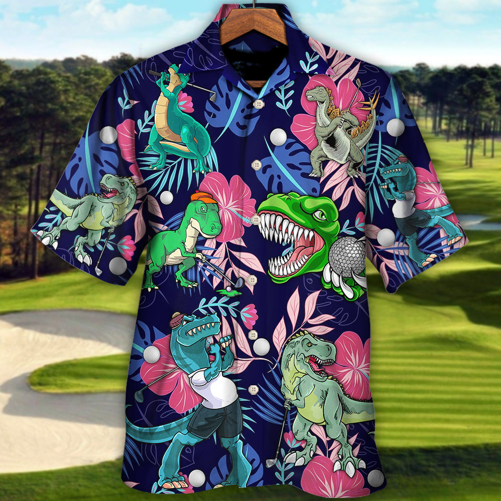 Tropical Funny Golf Dinosaur Hawaiian Shirt Detailed Pattern View For Tropical Vacations