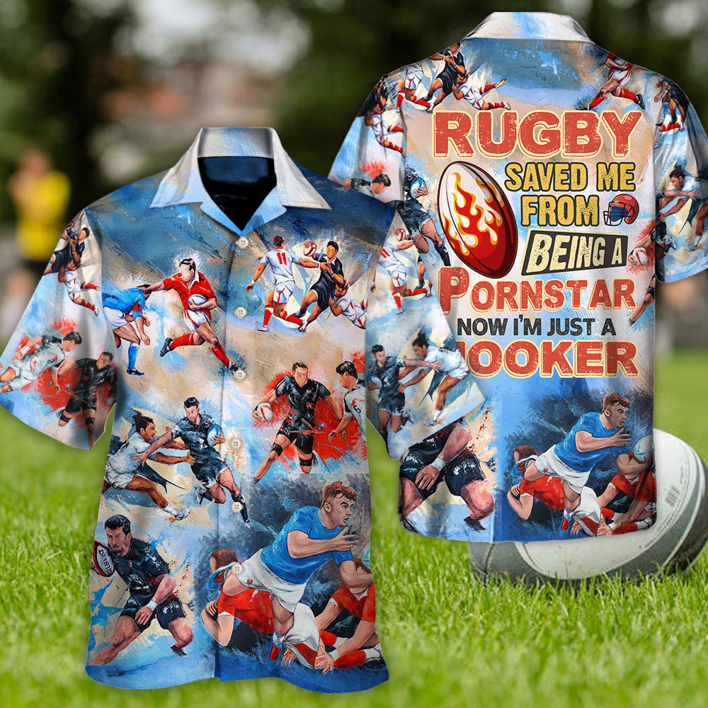 Funny Colorful Rugby Hawaiian Shirt Artwork Detail For Resort Trips And Outdoor Activities