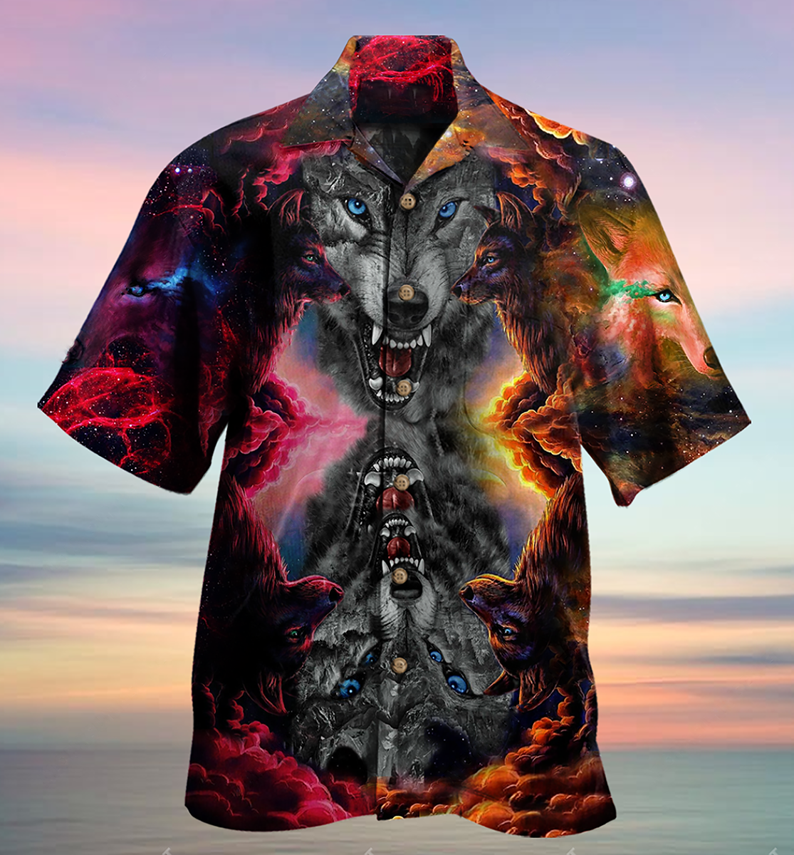 Wolf Darkness Galaxy Sky Hawaiian Shirt Artwork Detail For Resort Trips And Outdoor Activities