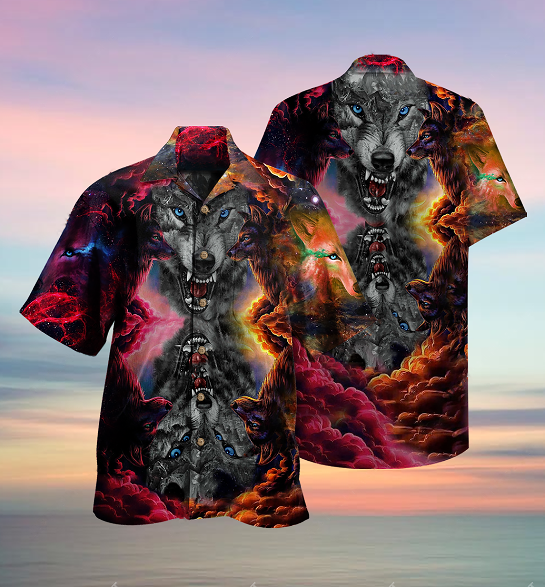 Wolf Darkness Galaxy Sky Hawaiian Shirt Design View For Casual Summer Styling