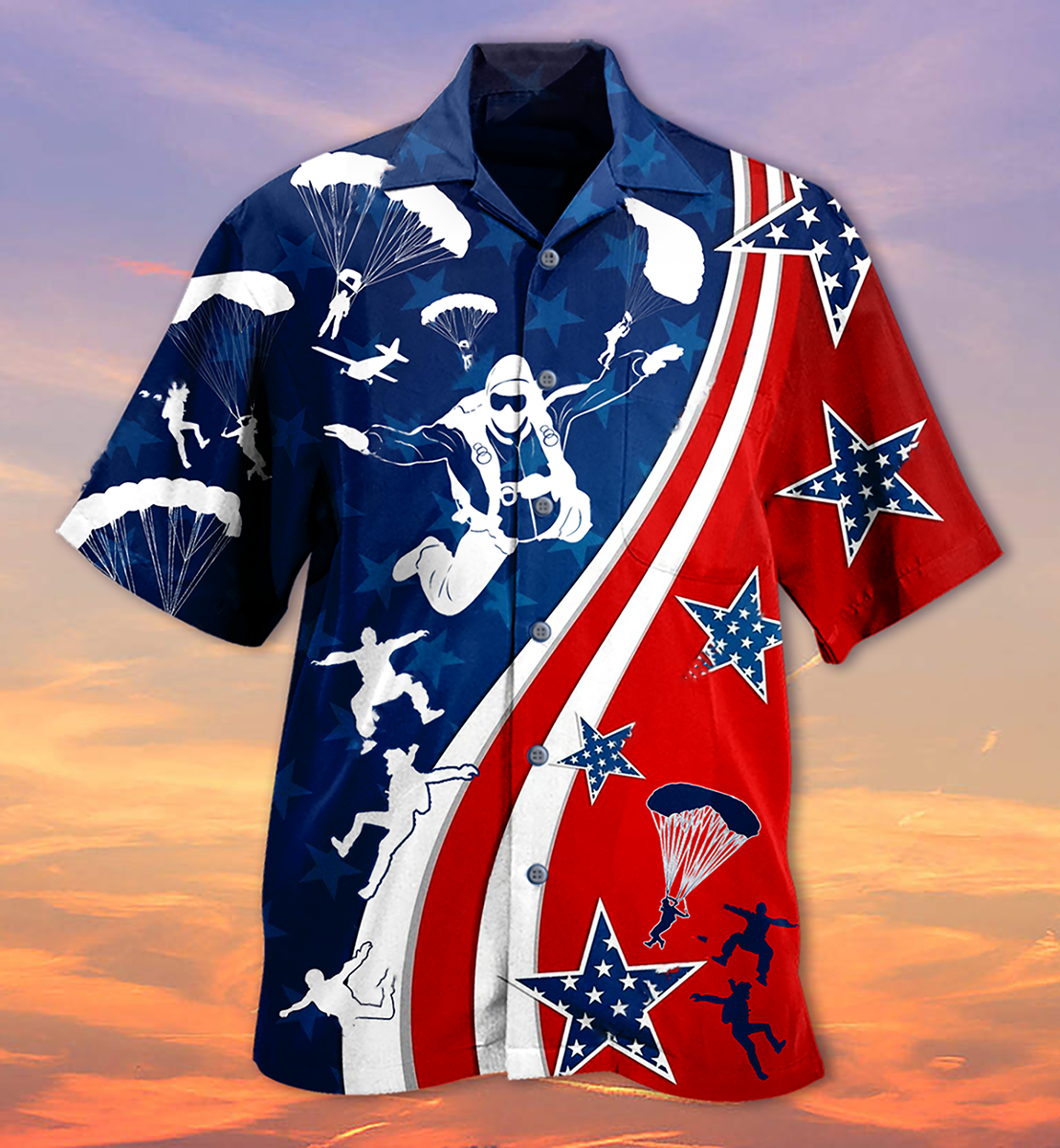 Patriotic Skydiving Hawaiian Shirt With Detailed Graphic For Coastal Vacations Warm Weather Events And Daily Style