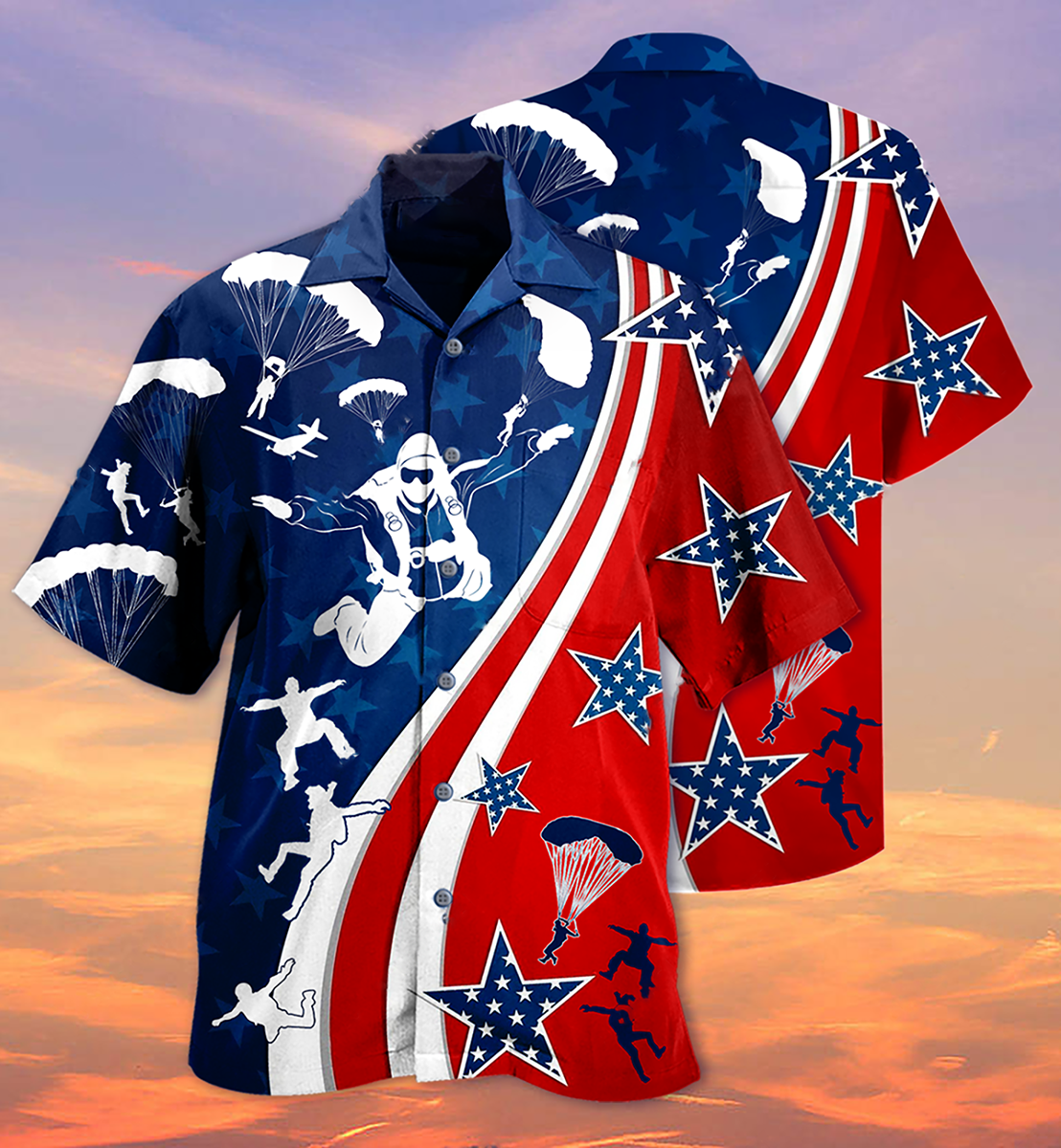 Patriotic Skydiving Hawaiian Shirt With All Over Print For Coastal Vacations Warm Weather Events And Daily Style