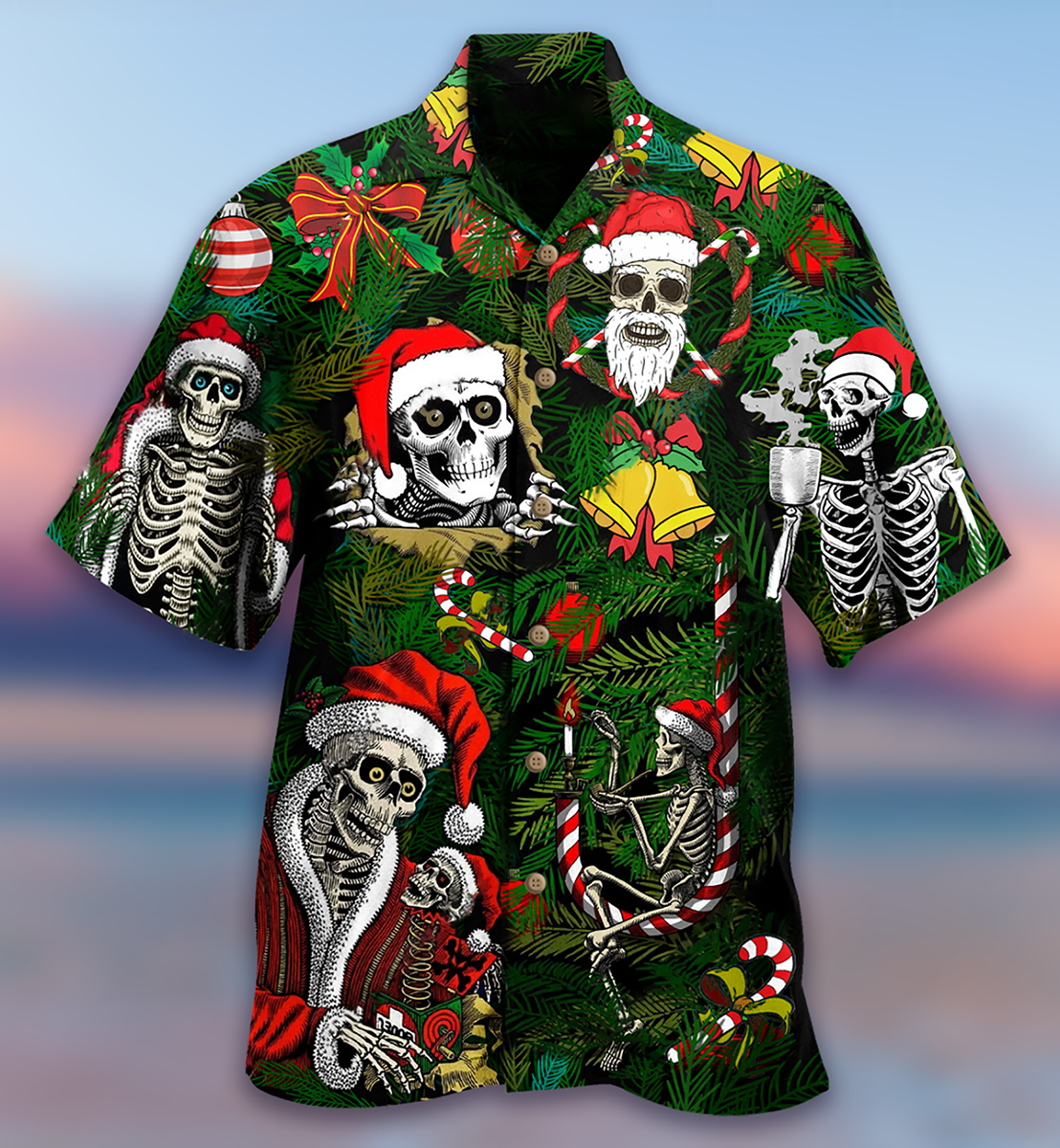 Festive Happy Skull Christmas Hawaiian Shirt Design Detail For Beach Days And Holiday Travel