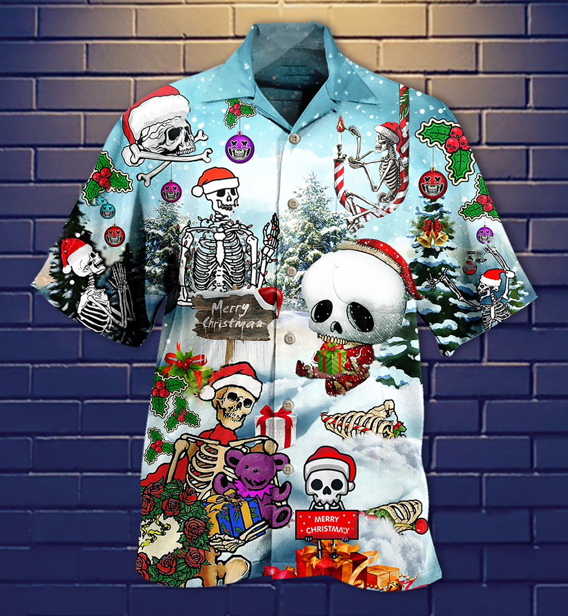 Christmas Winter Skull Hawaiian Shirt With All Over Print For Resort Travel Summer Outings And Casual Gatherings
