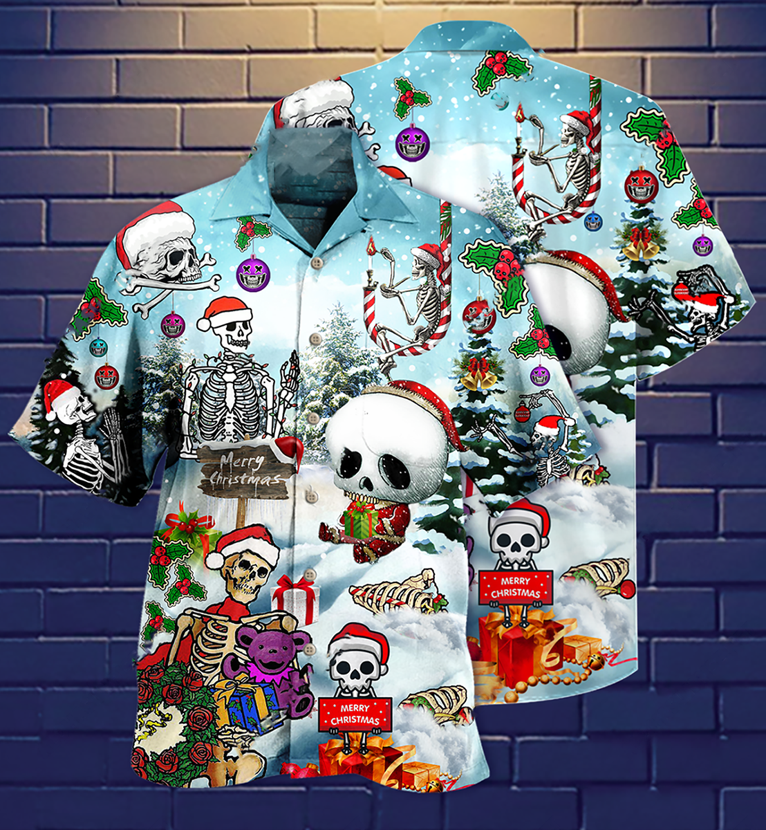 Christmas Winter Skull Hawaiian Shirt With Detailed Graphic For Resort Travel Summer Outings And Casual Gatherings