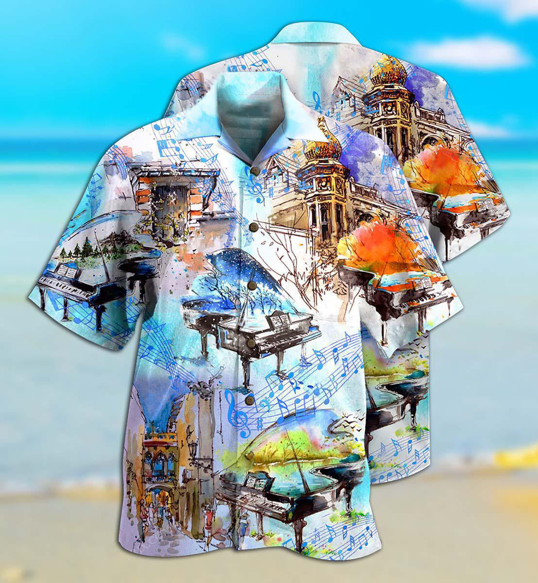 Music Notes Hawaiian Shirt With Detailed Graphic For Resort Holidays Beach Travel And Relaxed Casual Fashion