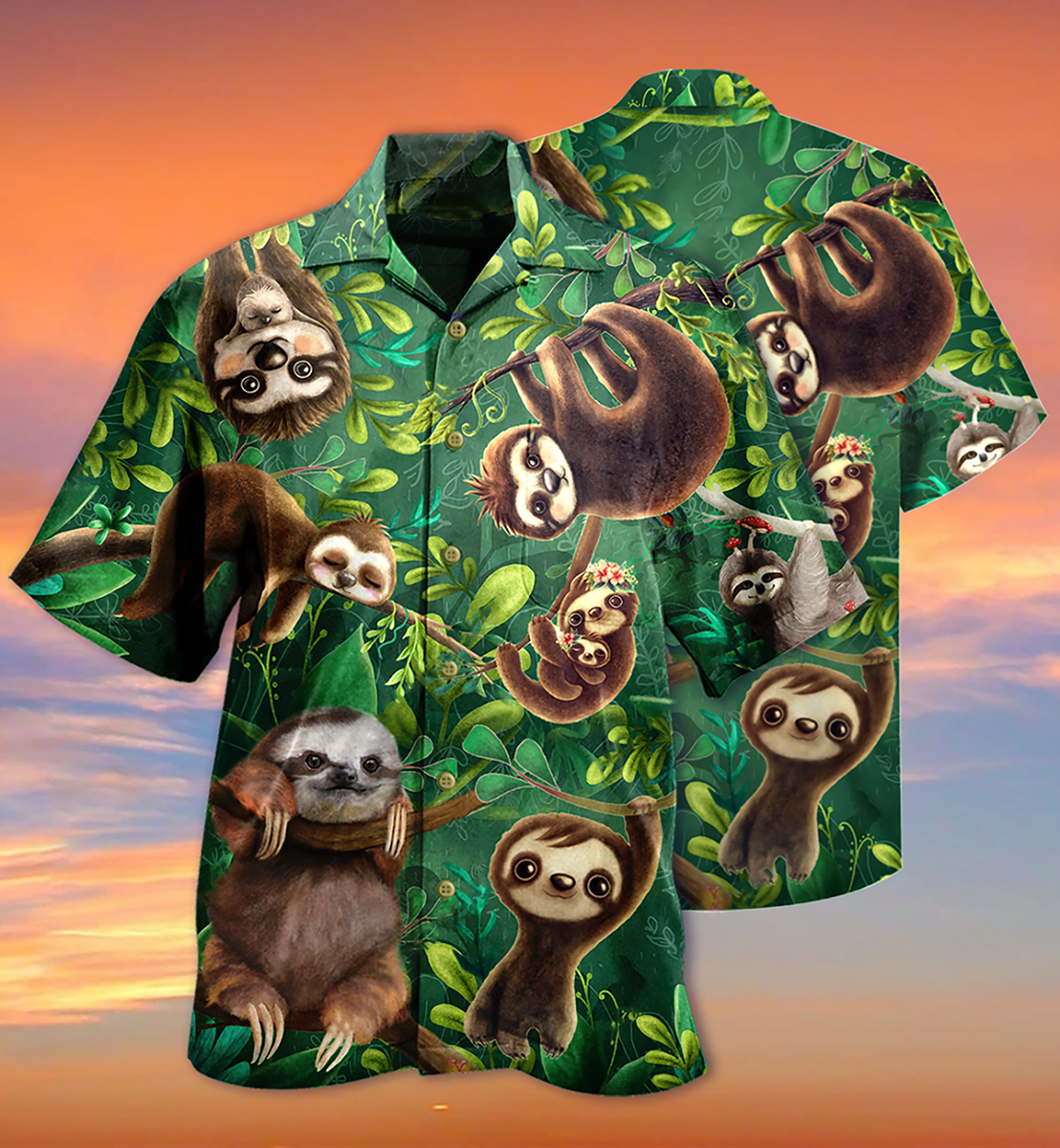 Cute Sloth Animals Hawaiian Shirt Artwork Detail For Resort Trips And Outdoor Activities