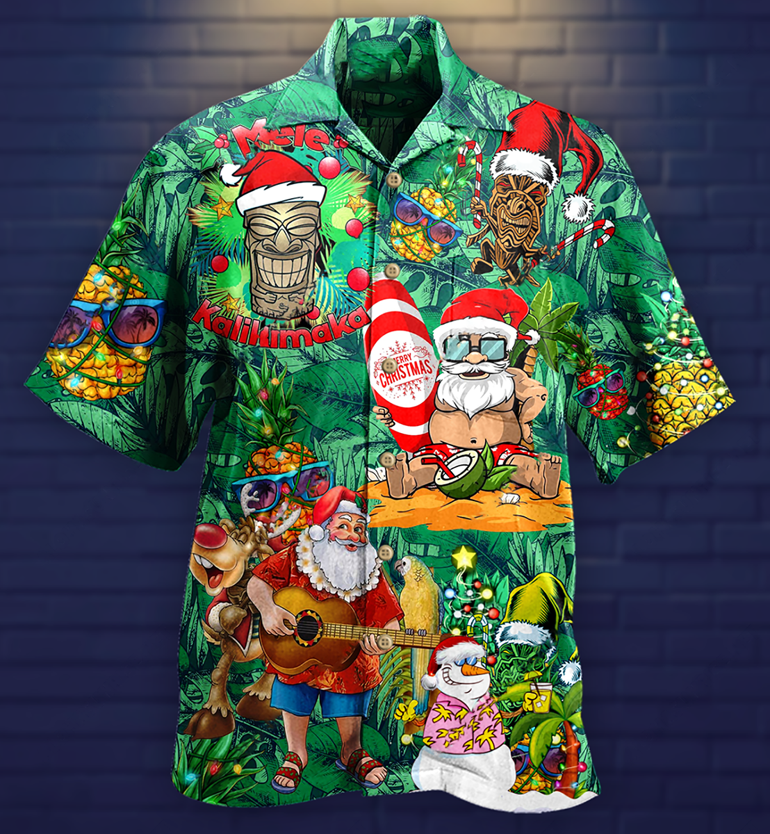 Funny Tiki Christmas Hawaiian Shirt Artwork Detail For Tropical Trips And Casual Outings