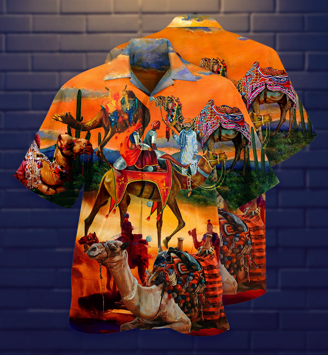Camel Hawaiian Shirt With Detailed Graphic For Vacation Getaways Resort Wear And Casual Celebrations