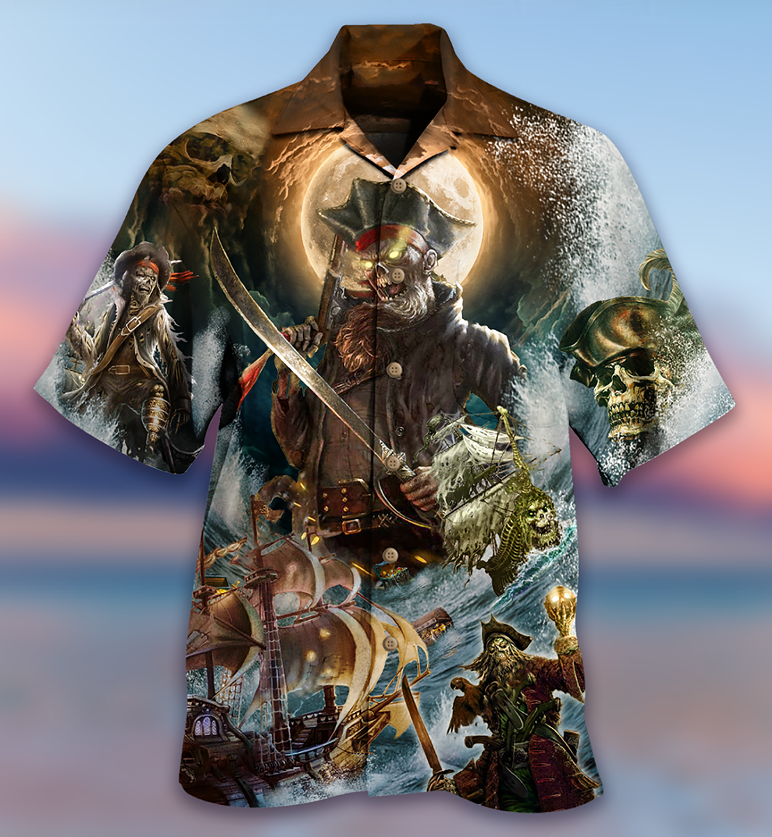 Skull Nautical Pirate Pirates Ocean Hawaiian Shirt Artwork View For Weekend Travel And Beach Style